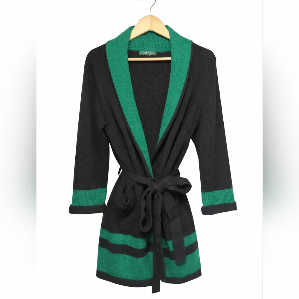 Lauren Ralph Lauren Navy and Green Belted Shawl Cardigan M - Picture 2 of 11